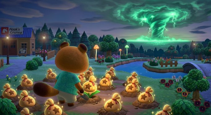 A screenshot from the video game Animal Crossing shows a character in a bear costume looking out over a field of glowing money bags, with "Nook's Cranny" visible on the left and a dramatic green stormy sky with lightning overhead.