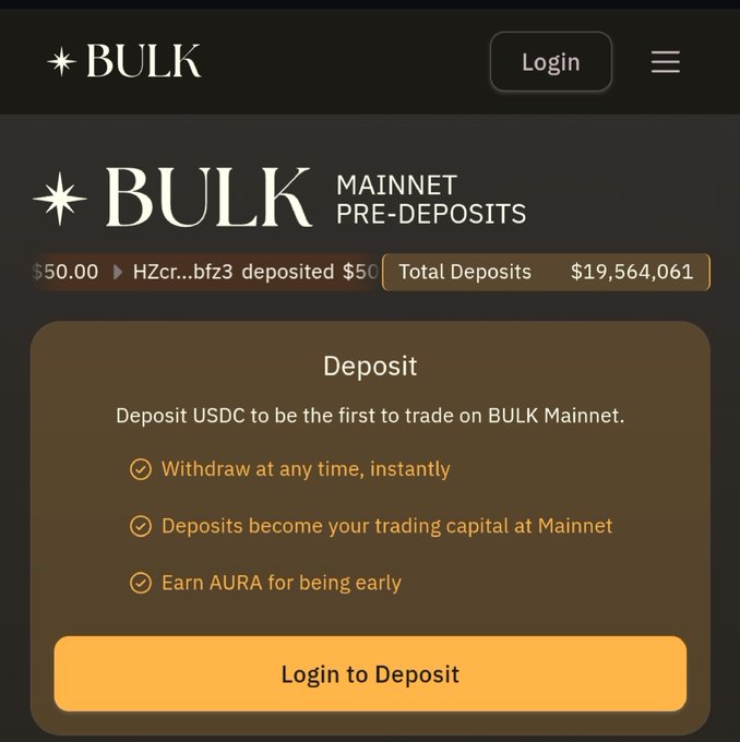 The image is a screenshot of a mobile device screen showing a dashboard from the bulk trading platform BULK. The focus of the dashboard is the mainnet asset, the bulk deposits, and the USDC payment option. The text on the screen provides information about these features, such as earning rewards with Aura points for farming activities using the USDC payment method, and having access to real liquidity. Additionally, there is a link displayed at the bottom of the image that directs users to login if they want more details or have questions regarding their current transactions.