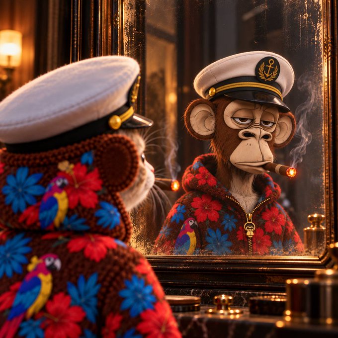 An illustration of a monkey wearing a sailor hat and a colorful floral hoodie smoking a cigar while looking at its reflection in a mirror.