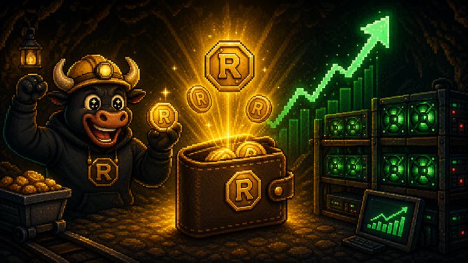 A digital illustration of a cartoon bull miner in a mine setting with glowing gold coins marked 'R', a green upward trending arrow, and crypto mining rigs.