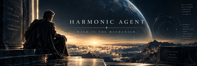 A cinematic banner shows a statue of a seated figure overlooking clouds at sunrise with the title 'HARMONIC AGENT' and tagline 'MATH IS THE MECHANISM', flanked by text columns on the sides.