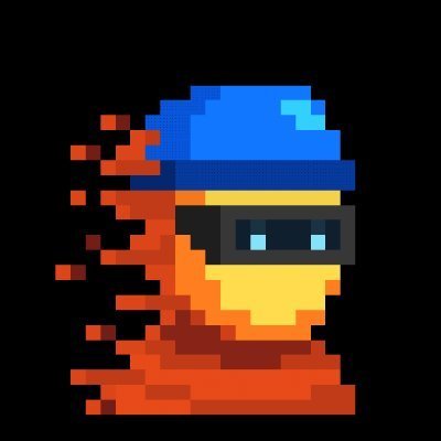 A pixel art illustration of a figure with a blue hat and yellow face wearing goggles, dissolving into red pixels on the left side against a black background.
