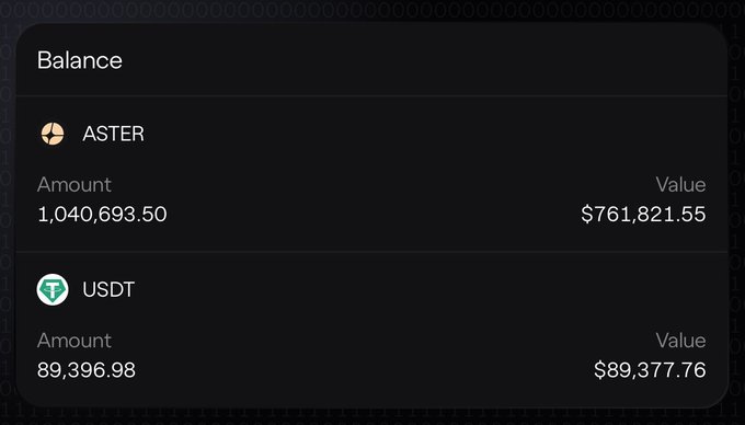 A cryptocurrency balance screen showing 1,040,693.50 ASTER valued at $761,821.55 and 89,396.98 USDT valued at $89,377.76.