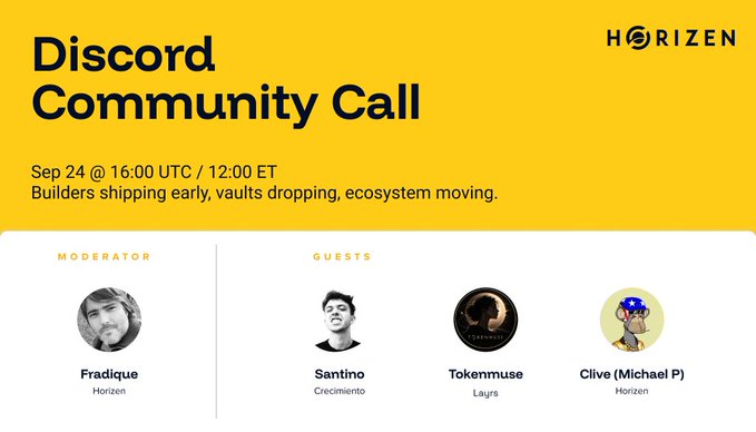 A yellow and white promotional graphic for a 'Discord Community Call' hosted by Horizen on Sep 24 at 16:00 UTC, featuring moderator Fradique and guests Santino, Tokenmuse, and Clive (Michael P).
