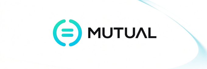 A logo for 'MUTUAL' displayed with a teal circular emblem and black text on a white background with subtle blue accents.