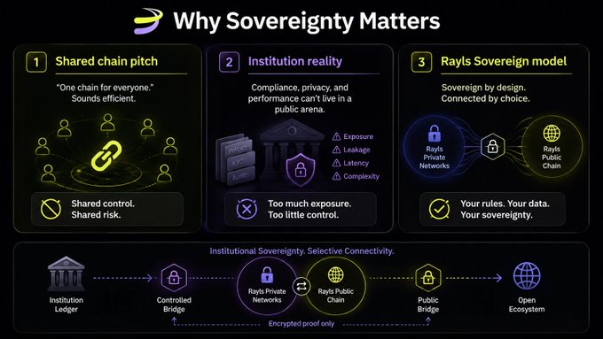 An infographic titled 'Why Sovereignty Matters' compares shared chain, institution reality, and Rayls Sovereign models in blockchain technology.