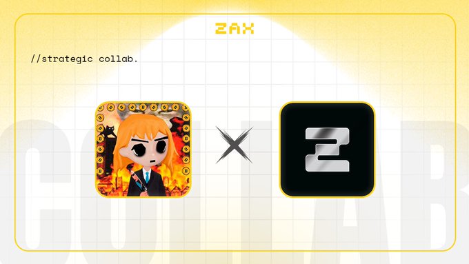 A graphic design announcing a '//strategic collab.' between ZAX (featuring an anime-style character illustration) and a black square logo with a stylized '2' or 'Z' symbol.