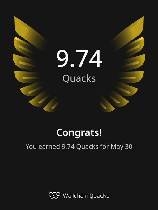 The image features a poster with an illustration of a bird's wing, which has the number 9.74 printed below it. The text "Congratulations! You earned 9.74 Quacks for May 30" is also present on the poster. This suggests that someone has achieved a high score or completed a task related to the Quacks game, and they have been rewarded with Quacks as a form of recognition.