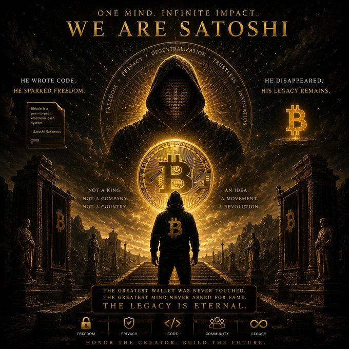 The image features a man standing in front of a large golden coin, which appears to be a Bitcoin symbol or logo. The man is wearing a hoodie and has his back turned towards the camera. The background includes a castle-like structure with multiple towers and statues, suggesting that this scene takes place within an ancient or historical setting. The image also contains text elements such as "We Are Satoshi" and "The legacy is eternal", which further emphasize the connection to the Bitcoin theme.

In addition to these visual cues, there are several icons related to Bitcoin throughout the image, including a Bitcoin wallet icon, a Bitcoin block icon, and a Bitcoin mining icon. These icons reinforce the Bitcoin theme of the image and provide context for the man standing in front of the golden coin.