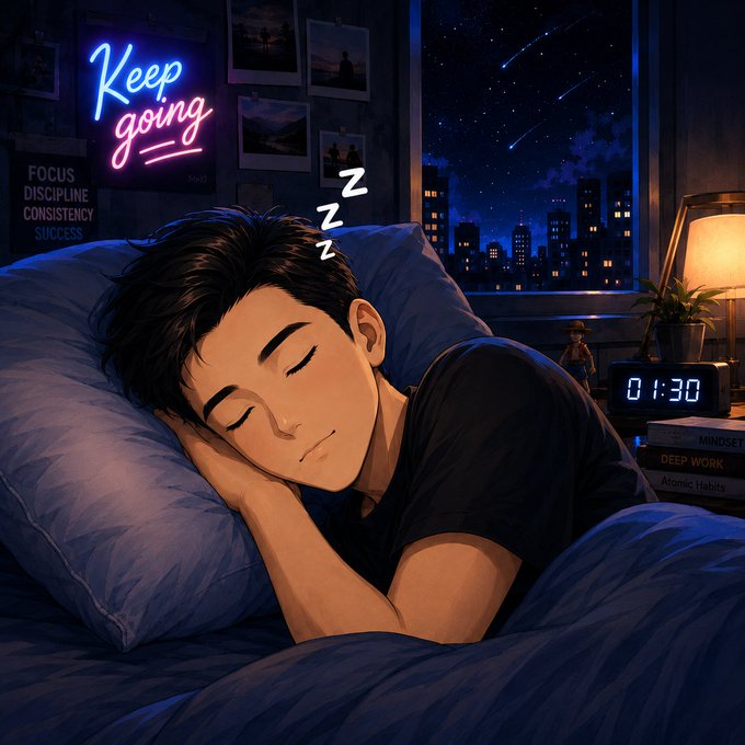 An anime-style illustration of a young man sleeping peacefully in bed with a 'Keep going' neon sign, an alarm clock showing '01:30', and books titled 'MINDSET', 'DEEP WORK', and 'Atomic Habits' nearby.