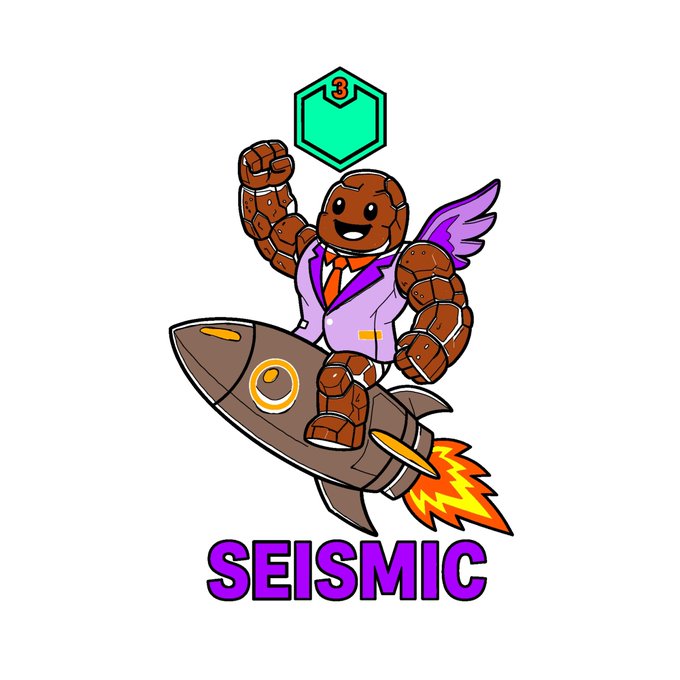 A cartoon mascot depicting a rock-like creature with purple wings wearing a suit and tie, riding a rocket with the text 'SEISMIC' and a green badge displaying '3'.