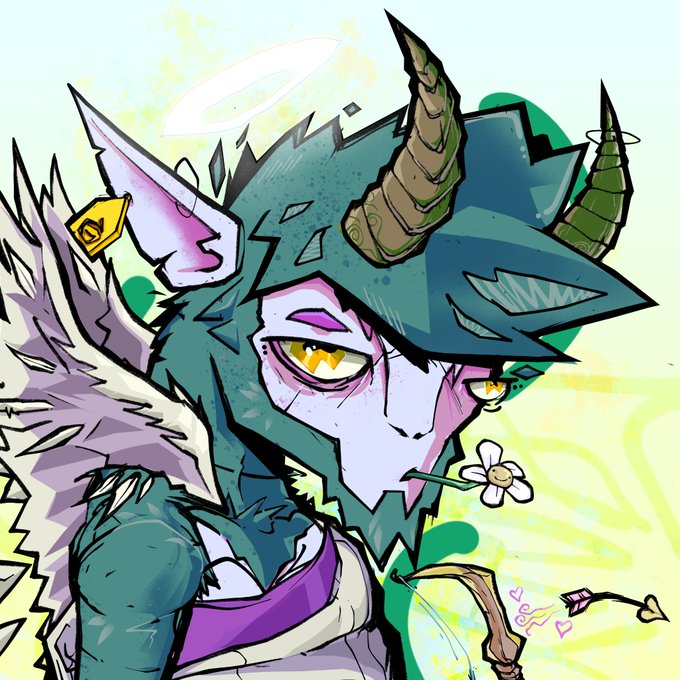Anime-style artwork of a horned, anthropomorphic character in teal and purple armor with a halo, biting a daisy flower while holding a bow.