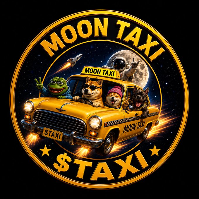 The image features a circular logo with a yellow circle containing three cartoon characters, including a dog, a frog, and an alien. The characters are riding inside a taxi cab that has a rocket ship on top of it. Below the logo, there is text that reads "Moon Taxi" followed by the hashtag "#MTAXI CA: BFdLkn3sfnFCpdAEiU5sejLyxMAuDtfB88FSKXBKpump #MemeCoin #Crypto #Moonshot #PumpFun #Solana #100xGem #SOL #HODL". The image is related to the post because it features a logo for a company named "Moon Taxi" and includes text that mentions cryptocurrency.
