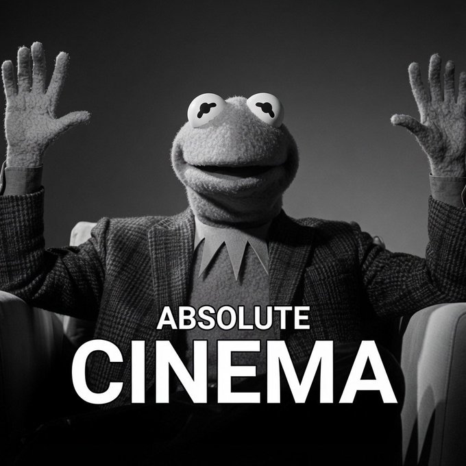 A black and white image of Kermit the Frog in a suit raising his hands, with the text "ABSOLUTE CINEMA" overlaid.