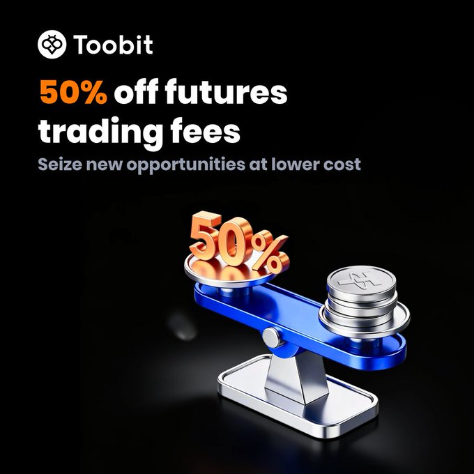 A promotional graphic for Toobit cryptocurrency exchange featuring a blue balance scale with orange "50%" text outweighing silver coin tokens on a black background, alongside the headline "50% off futures trading fees" and tagline "Seize new opportunities at lower cost." The image visually reinforces the post's announcement of halved maker and taker fees on 30 selected futures trading pairs.