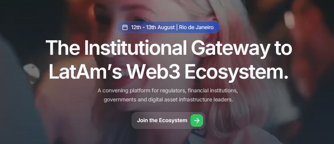 A promotional banner for the Blockchain Rio event on August 12-13th in Rio de Janeiro, titled "The Institutional Gateway to LatAm's Web3 Ecosystem," featuring a background image of a blonde woman and a "Join the Ecosystem" button. This aligns with the post announcing Maple Finance's attendance at the conference, highlighting Brazil as a key stablecoin market in Latin America.