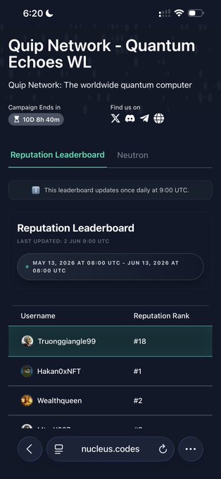 The image shows a cell phone screen displaying information about Quip Network's Quantum Echoes WL NFT. The user has been ranked #18, which means they are currently in the top 18 spots for the conversation about Quip network. There is also an announcement that there will be two more weeks until Quip network can potentially offer an NFT to users who have been ranking them #18 or higher. Additionally, there is a raffle going on where users can win Quantum Echoes WL NFTs if they finish the season in the top 100.