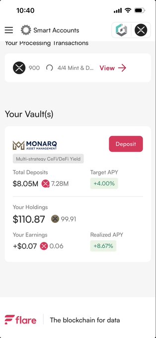 The image shows a smartphone screen displaying a screen shot of the Monarq app's interface with information about trading and deposits. The main focus of this screenshot is the account balance, which has grown to $97.87 after several transactions since being in the account on Saturday evening at 4:01 pm. The user appears to be interested in collecting data related to their transactions and monitoring their account activity using Monarq's app features.