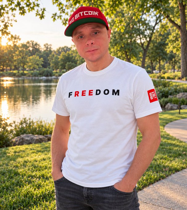A man standing outdoors near a lake at sunset, wearing a red 'BIG BITCOIN' cap and a white t-shirt with 'FREEDOM' printed on it and a Bitcoin logo patch on the sleeve.