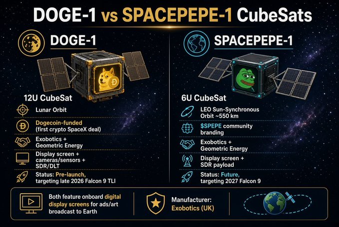 An infographic comparing 'DOGE-1 vs SPACEPEPE-1 CubeSats', detailing features of each satellite including orbit type, funding sources, and payloads, both manufactured by Exobotics.
