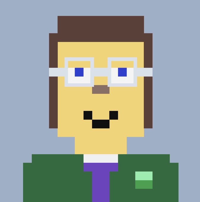 A pixel art character portrait of a yellow-skinned person with brown hair, blue square glasses, a smiling face, and a green outfit with a small badge on a light blue background.