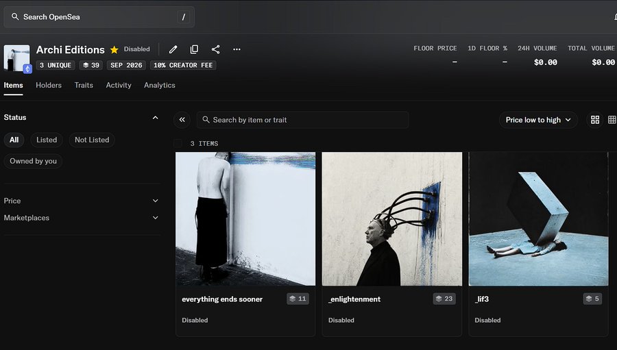 A screenshot of an OpenSea NFT collection page for 'Archi Editions', displaying three digital art pieces titled 'everything ends sooner', 'enlightenment', and '_lif3', all currently marked as 'Disabled'.