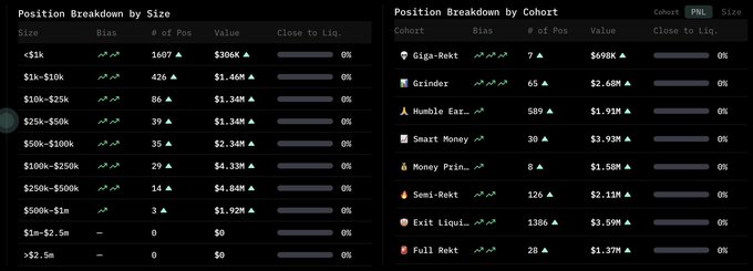 A financial dashboard displaying "Position Breakdown by Size" and "Position Breakdown by Cohort," showing various PnL values and position counts.