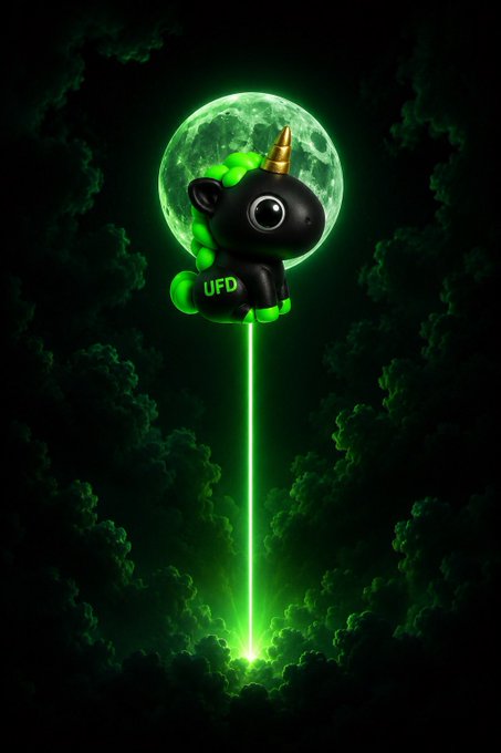 A digital illustration features a black unicorn figurine with 'UFD' written on its chest, riding a green laser beam upward in front of a full moon, surrounded by dark green clouds.