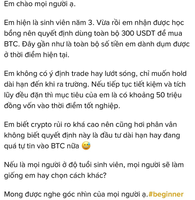 A Vietnamese text post where a 3rd-year student asks for advice on using 300 USDT savings to buy BTC for long-term holding.