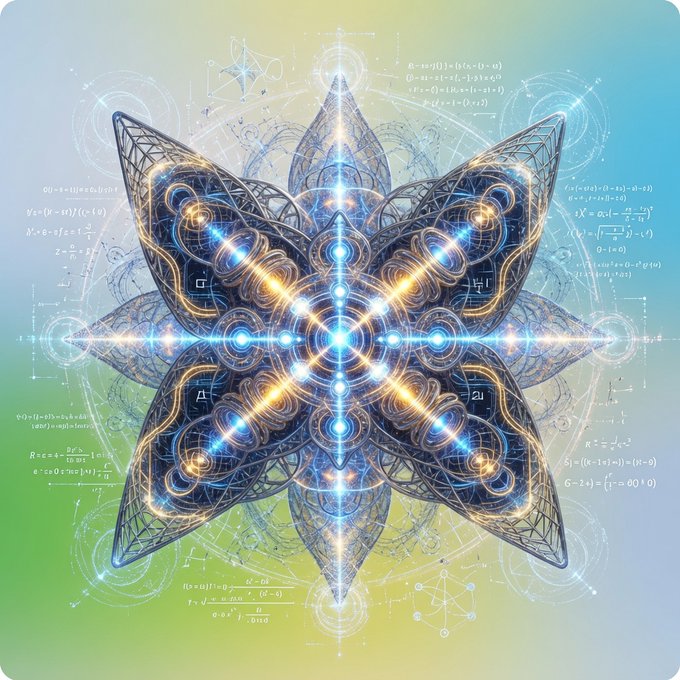 Digital artwork featuring a glowing, intricate mandala/flower design in blue and gold with mathematical equations scattered across a green-blue gradient background.