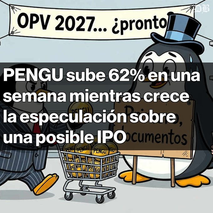 An illustration of a penguin in a top hat next to a penguin in a suit pushing a shopping cart of 'PENGU' coins, with a sign reading 'OPV 2027... ¿pronto' and Spanish text about PENGU dropping 62% amid IPO speculation.