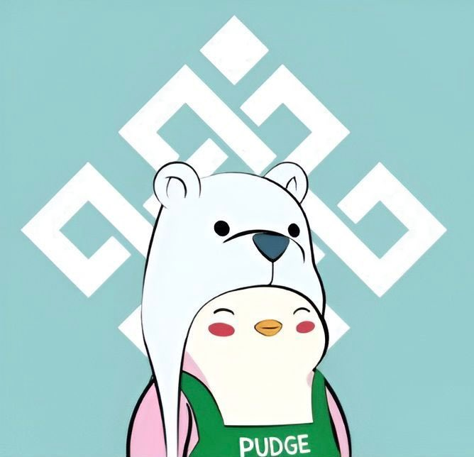 An illustration of a polar bear wearing a head covering with a penguin in a green 'PUDGY' shirt in front, set against a teal background with geometric patterns.