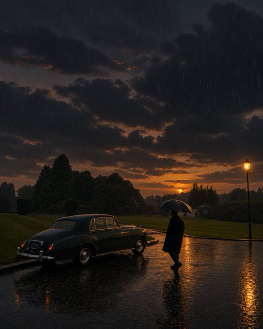 A moody, rainy dusk scene featuring a vintage black car parked on a wet road, with a silhouetted figure holding an umbrella standing nearby under an orange sunset sky and a glowing streetlamp.