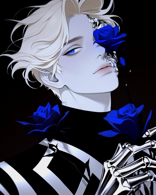 Anime-style digital illustration of a pale character with white hair and blue eyes, adorned with blue roses covering part of their face, wearing a black and white outfit with metallic skeletal hand details.