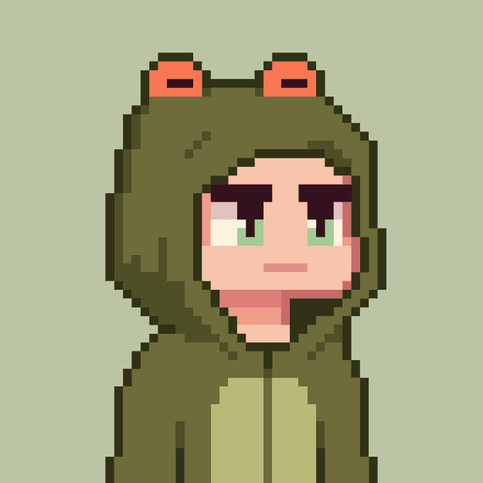A pixel art illustration of a character with dark hair wearing a green frog hat featuring red eyes, set against a light green background.