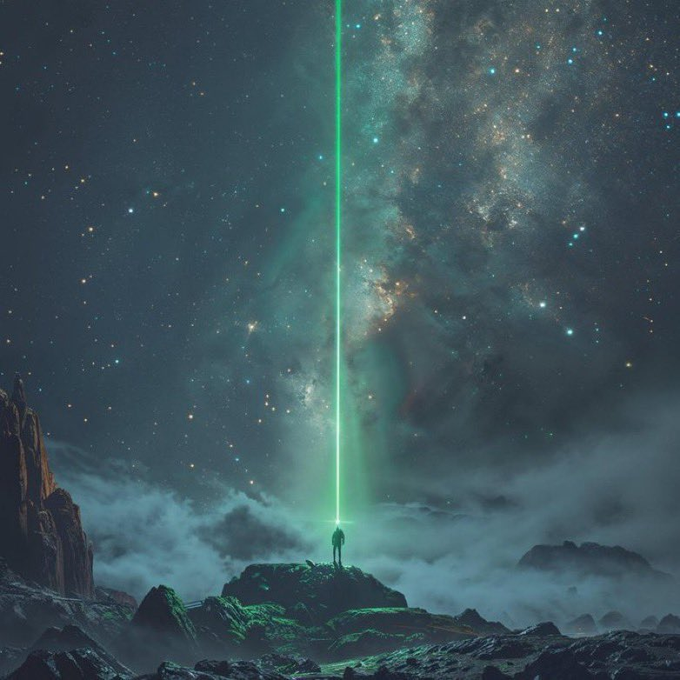 A lone figure stands on a rocky outcrop beneath a vast, star-filled sky, gazing up at a brilliant green beam of light piercing through the cosmic expanse—a striking visual metaphor for hope and a turning point after darkness, echoing the post's sentiment of anticipating a reversal and holding onto optimism through uncertain times.
