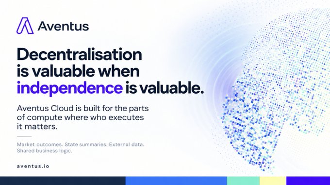 An advertisement for 'Aventus' reads 'Decentralisation is valuable when independence is valuable.' with the website aventus.io, featuring a pixelated graphic of a person.