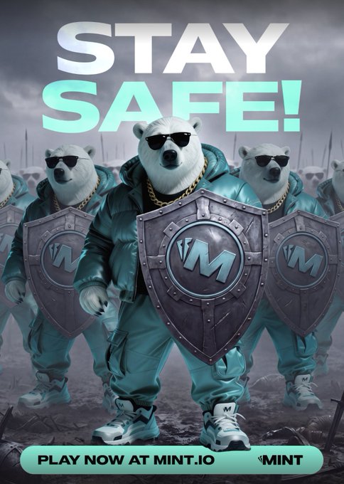 An advertisement shows three anthropomorphic polar bears wearing sunglasses, gold chains, and teal outfits, holding shields bearing the 'VM' logo, with the text 'STAY SAFE!' above them and 'PLAY NOW AT MINT.IO' and a 'MINT' logo on a teal bar at the bottom.