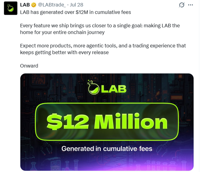 A tweet from LAB (@LABtrade) dated July 28 announcing that LAB has generated over $12M in cumulative fees, with a graphic showing '$12 Million Generated in cumulative fees' over a purple cityscape background.