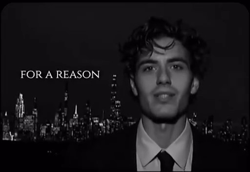 A black-and-white image of a young man in a suit with the text "FOR A REASON" overlaid, set against a nighttime city skyline backdrop. The image does not visually relate to the accompanying post about 1win's welcome offer—it appears to be a repurposed still unrelated to crypto deposit bonuses or casino promotions.