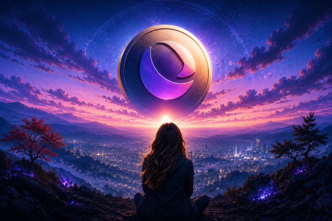 A lone figure sits on a hilltop at sunset, gazing up at a glowing crescent moon symbol that hovers over a distant city skyline. The meditative scene evokes themes of unwavering faith and quiet conviction, mirroring the post's reflection on those who steadfastly believed in $LUNC (Terra Luna Classic) before any potential resurgence.