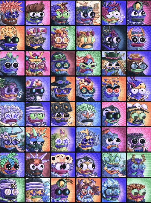Grid of 48 colorful, stylized cartoon character portraits featuring exaggerated zombie-like faces with various costumes, accessories, and surreal details.