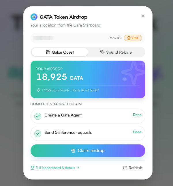 The image shows a GATA Token Airdrop modal claiming an allocation of 18,925 GATA for Rank #8 (Elite tier) on the Galxe Starboard, with both required tasks—creating a Gata Agent and sending 5 inference requests—marked as completed and the "Claim airdrop" button ready to be clicked.