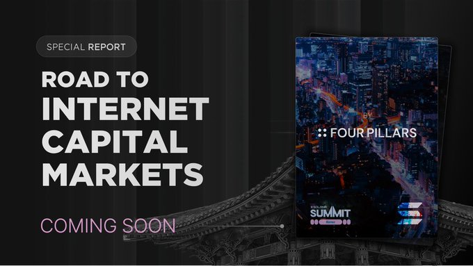 A promotional graphic reads 'SPECIAL REPORT: ROAD TO INTERNET CAPITAL MARKETS - COMING SOON' alongside 'FOUR PILLARS' branding and a Tokyo cityscape image.