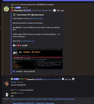 A Discord screenshot showing the Index Brokers NFT mint announcement, highlighting 2,222 supply and 10,000 Index Brokers required to claim each NFT, alongside community members reacting to a 55x gain on the $INDEX token mint.