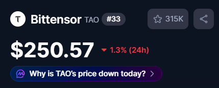 The image shows a screenshot of a computer screen, with a financial application displaying text related to Bitcoin trading and stock price information for TATTENOR TAO. In the main body of the image, the Bitcoin price has dropped 1.3% (24 hours) below the current market value. The post is titled "Why is TAO's price down today?" at the bottom right corner of the screen.