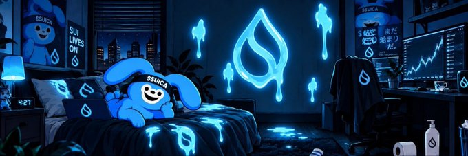 A stylized blue room with a SUI-themed bedroom featuring a glowing SUI logo, blue rabbit plushie wearing a '$SUICA' headband, and 'SUI LIVES ON' text on the walls.