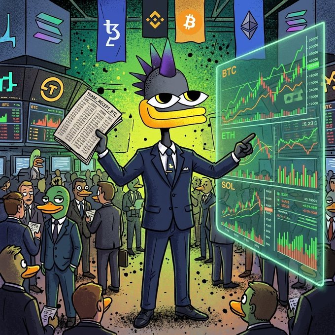 A cartoon bird character in a suit presents "TRADE ANALYSIS: BTC" while standing before glowing BTC, ETH, and SOL price charts, surrounded by a crowd of similarly-dressed bird analysts, visually representing a crypto market review.
