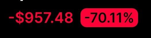 The image displays a financial loss indicator on a black background, showing "-$957.48" in red text alongside a red pill-shaped badge reading "-70.11%". This visually represents a significant portfolio loss, likely from memecoin trading, that the poster attributes to Trump's influence in their accompanying message.