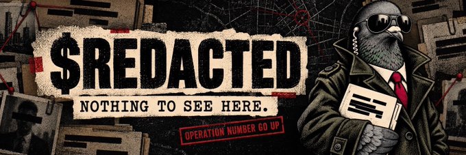 A banner with the text '$REDACTED - NOTHING TO SEE HERE.' and 'OPERATION NUMBER 60 UP' next to an illustration of a pigeon in a trench coat holding a classified document.